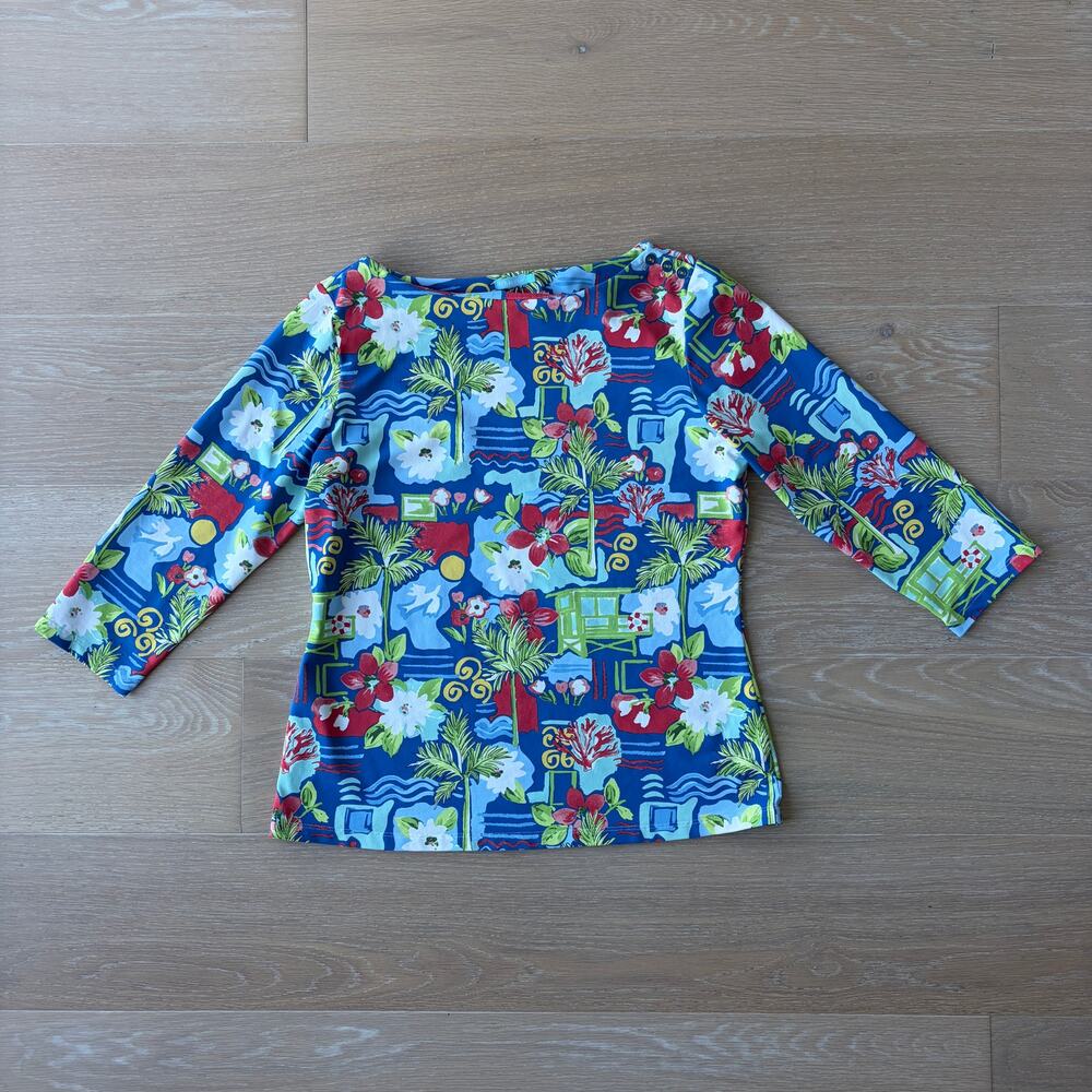 J. McLaughlin Blue Green Floral Coral Catalina Cloth Wavesong Top 3/4 Sleeve